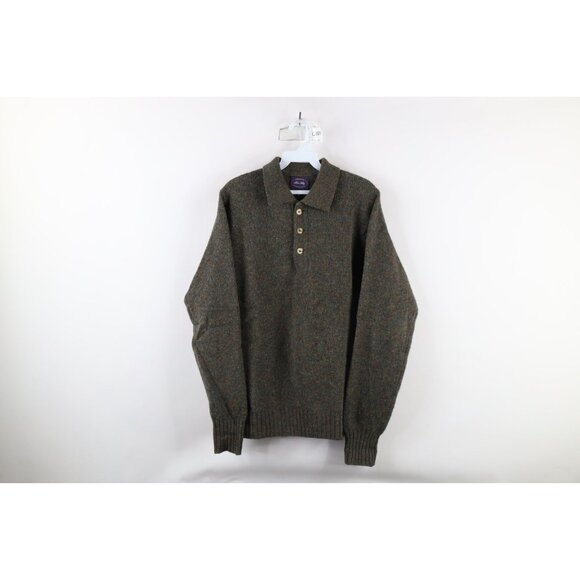 Vtg 70s Streetwear Mens Large Blank Shetland Wool Knit Rainbow Collared Sweater